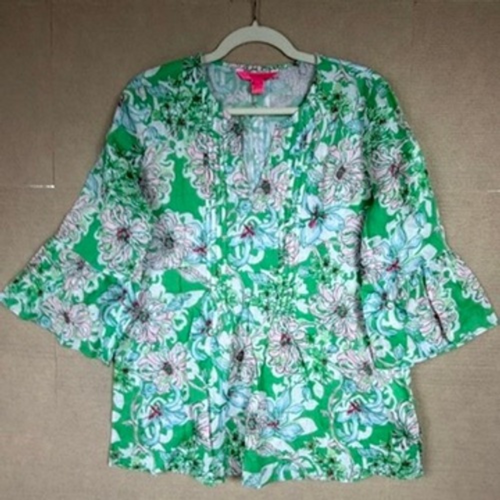 Lilly Pulitzer Women Green Floral Linen Bell Sleeve Blouse Size M